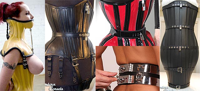 Bondage/Locking Corsets including an extreme neck corset.